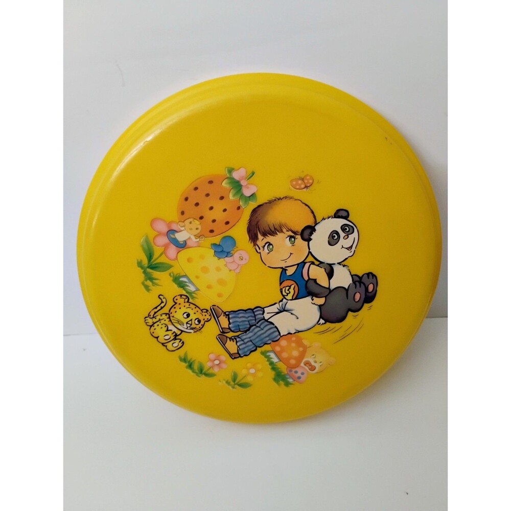 Vtg 70s Yellow Flying Disc Frisbee Retro Japanese Anime Style Boy Panda Mushroom
